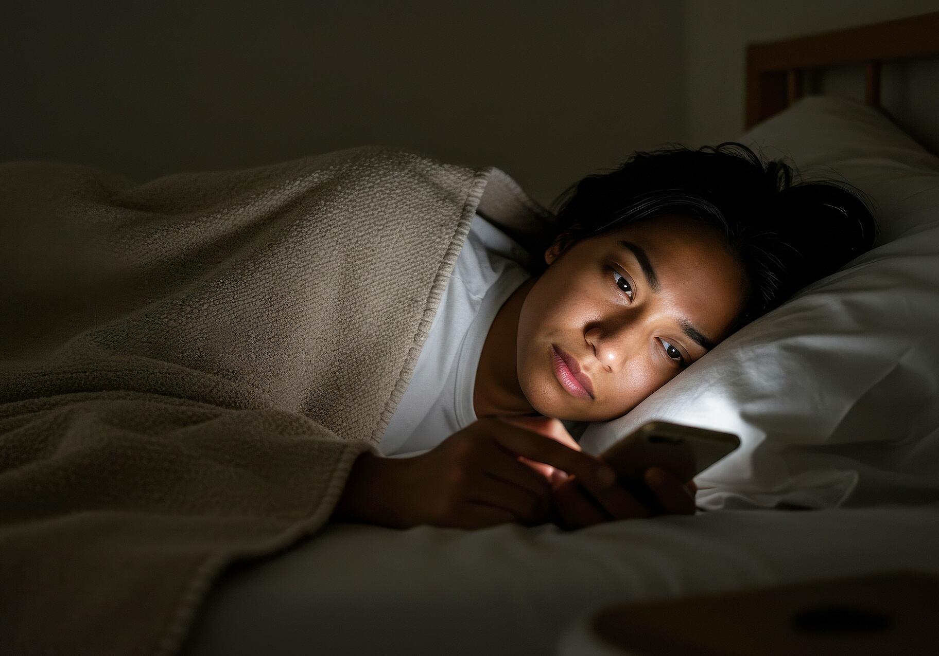 Young adult anxiously checking phone notifications repeatedly at night in bedroom