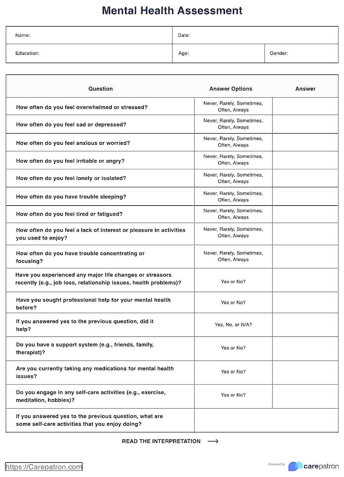 Person completing online mental health self-assessment at home