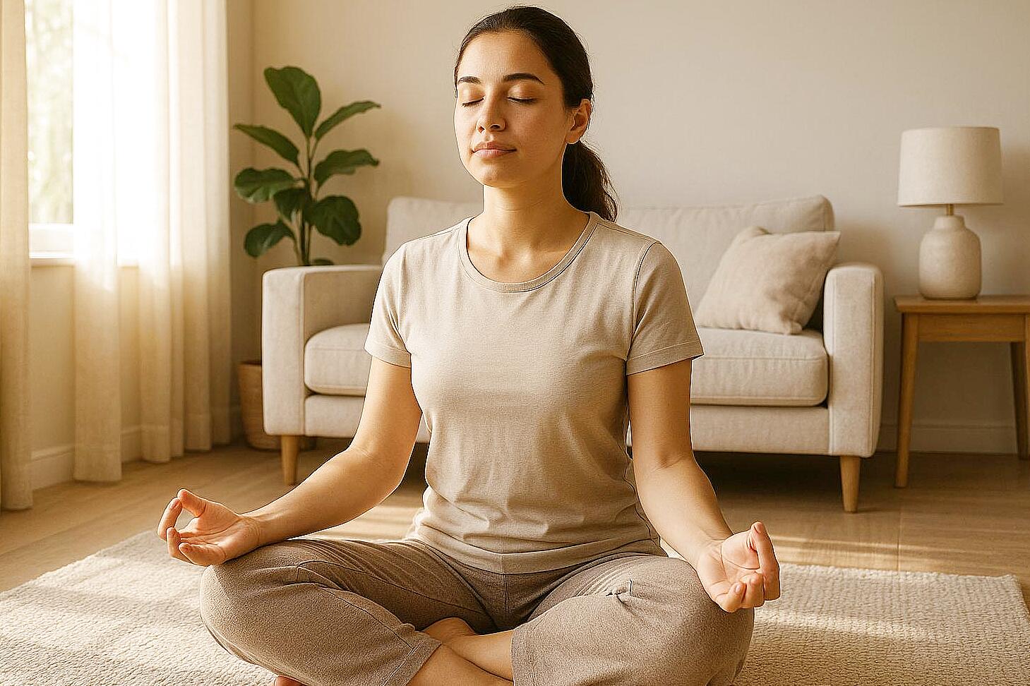 Person using breathing exercises with app to relieve anxiety at home