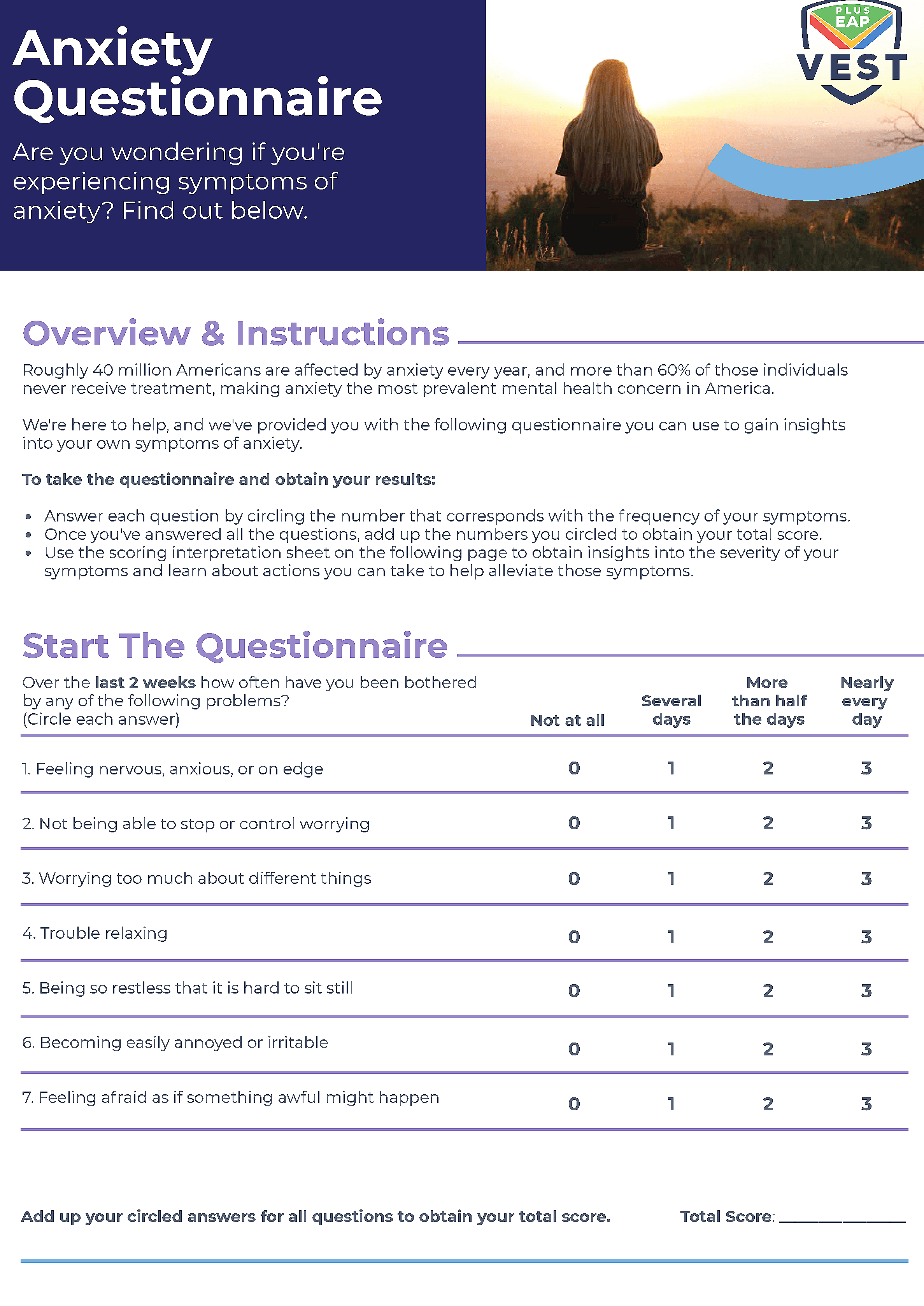 CalmAtHome self-assessment tool screen showing symptom questions