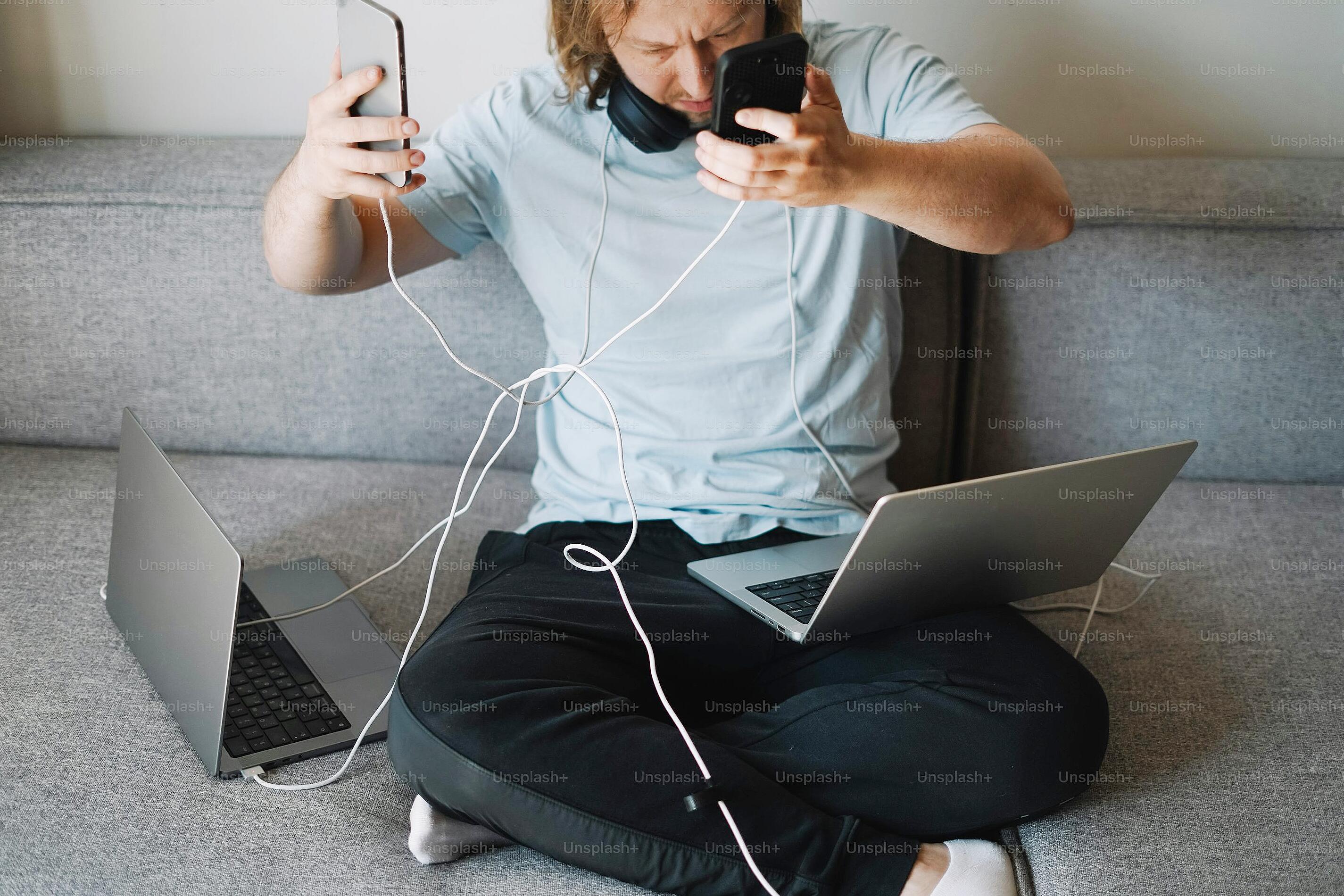 Person overwhelmed using multiple dating apps on devices