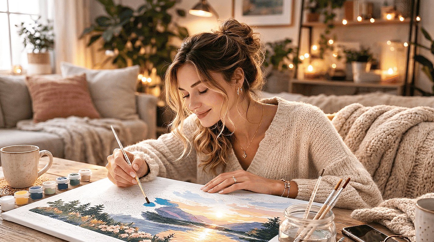 Adult engaged in painting hobby alone feeling joyful and fulfilled