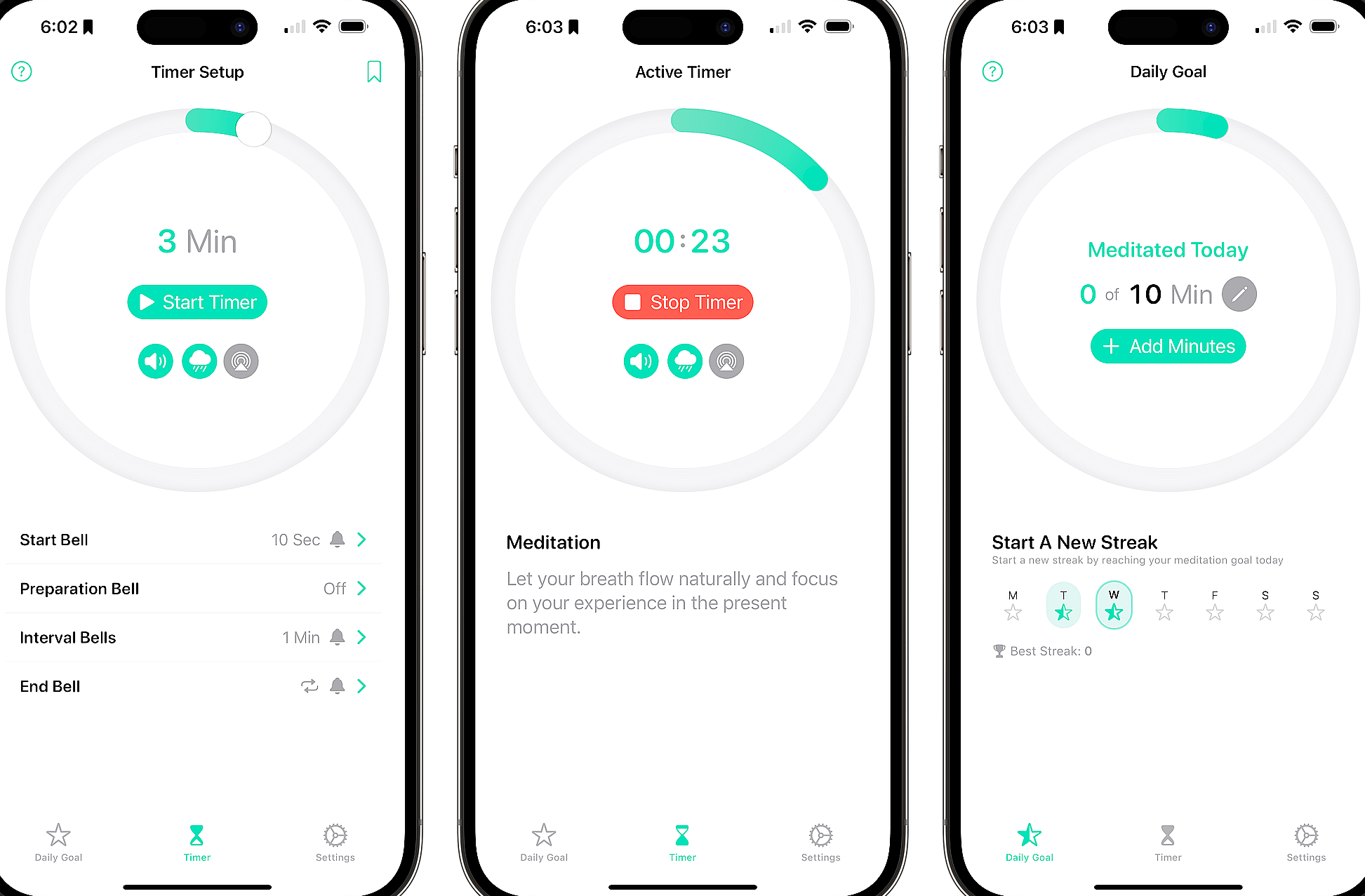 Guided meditation timer app interface for trauma healing beginners