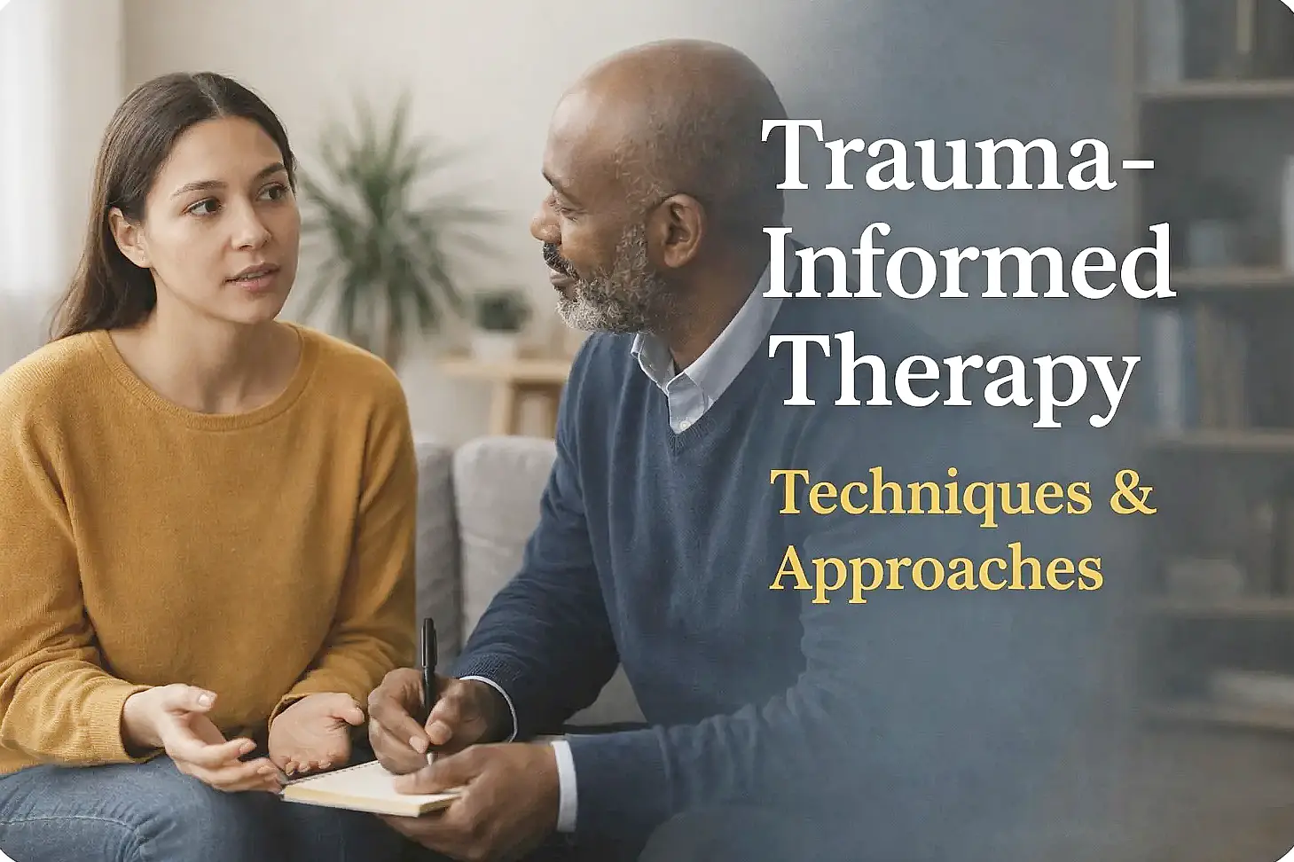 Person consulting trauma-informed therapist in supportive office