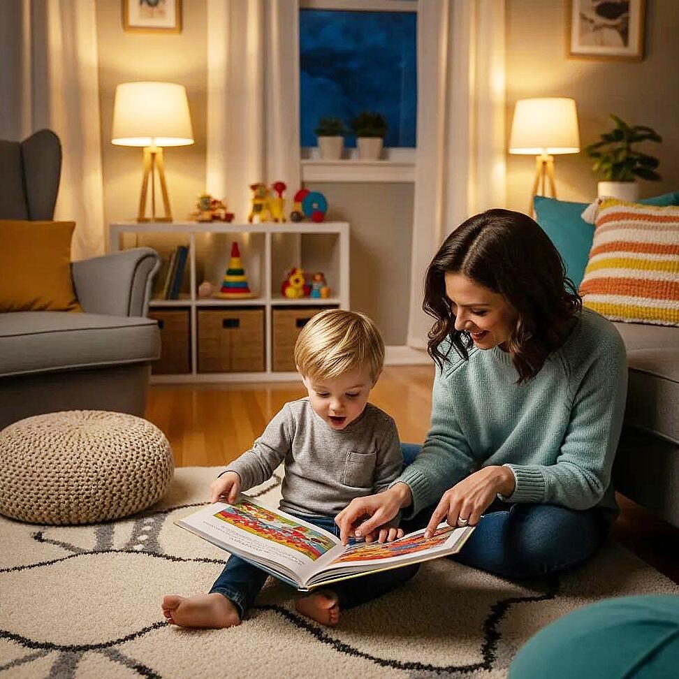 Parent modeling calm breathing exercise with child watching