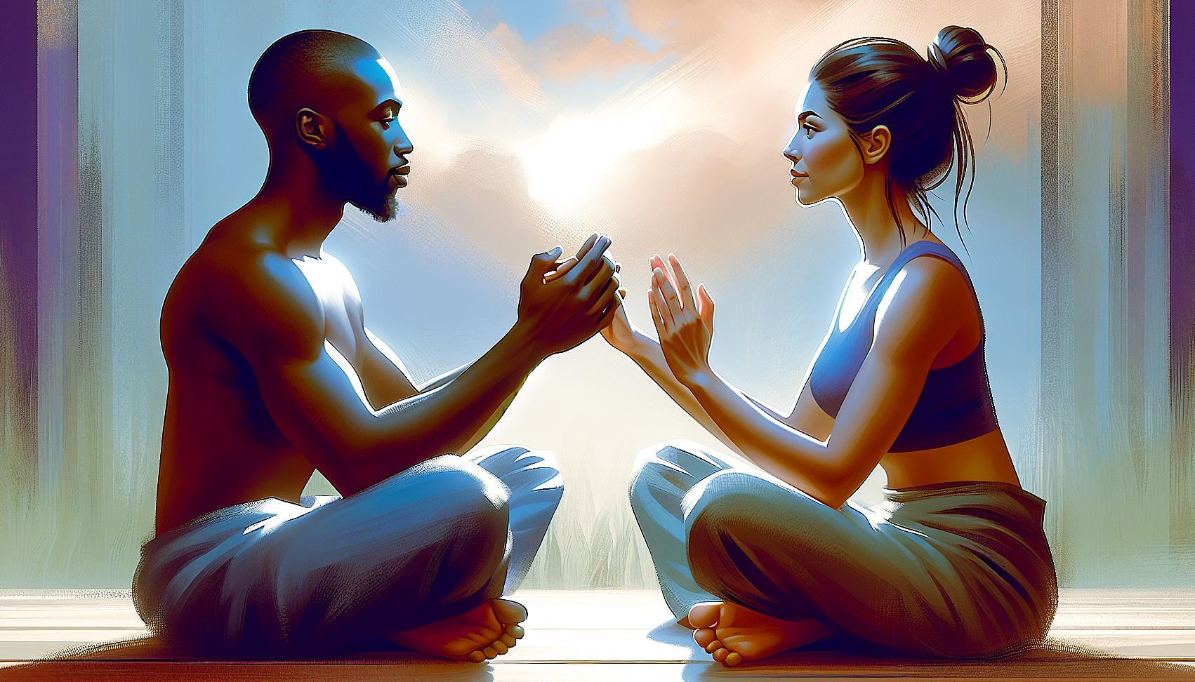 Couple using mindfulness breathing exercises to manage emotions