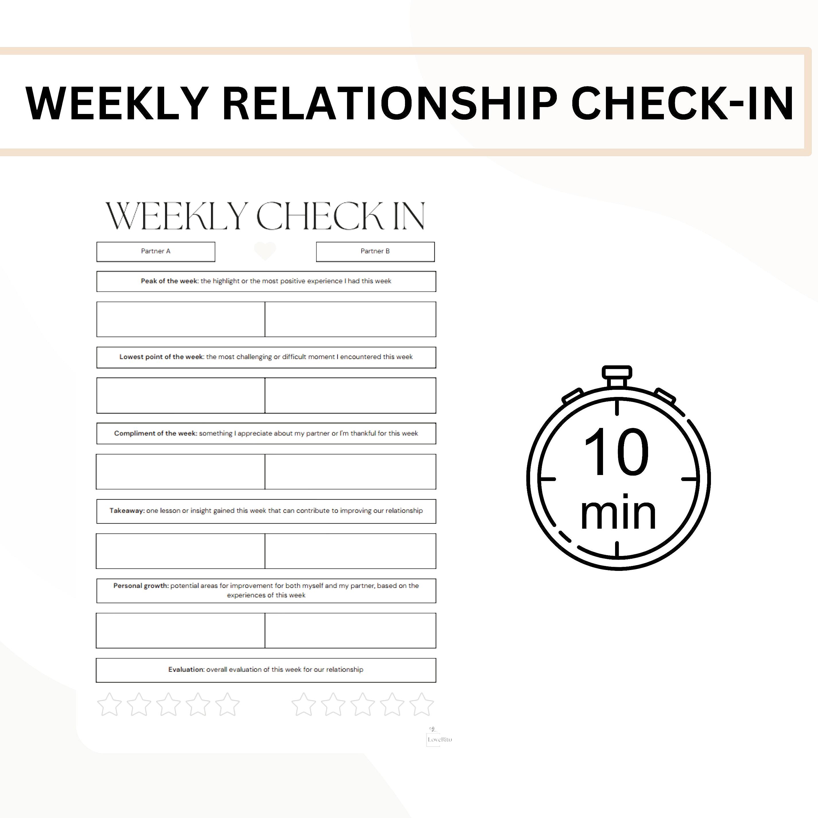 Printed couples relationship check-in worksheet with pen on table at home